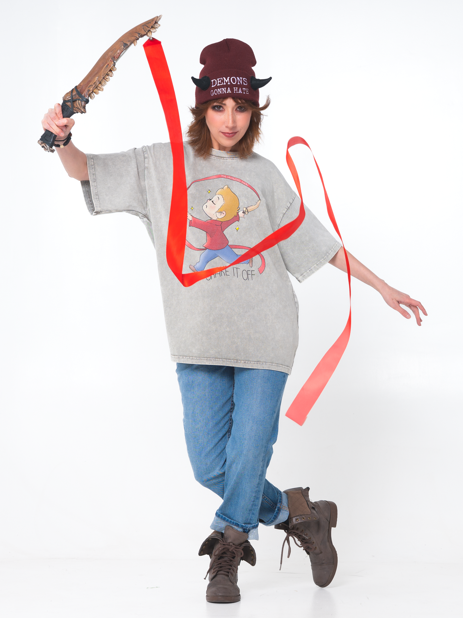 First Blade Ribbon Acid Washed Oversized Tee